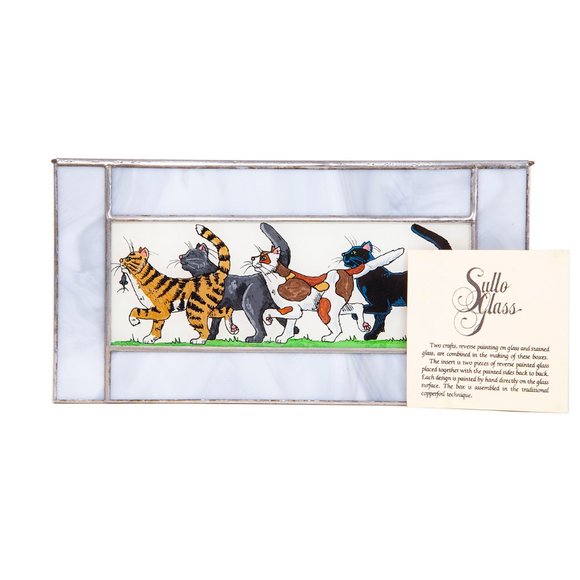 1986 Stained Glass Sighed Sullo Tabby Cats Reverse Painted Trinket Jewelry Box
